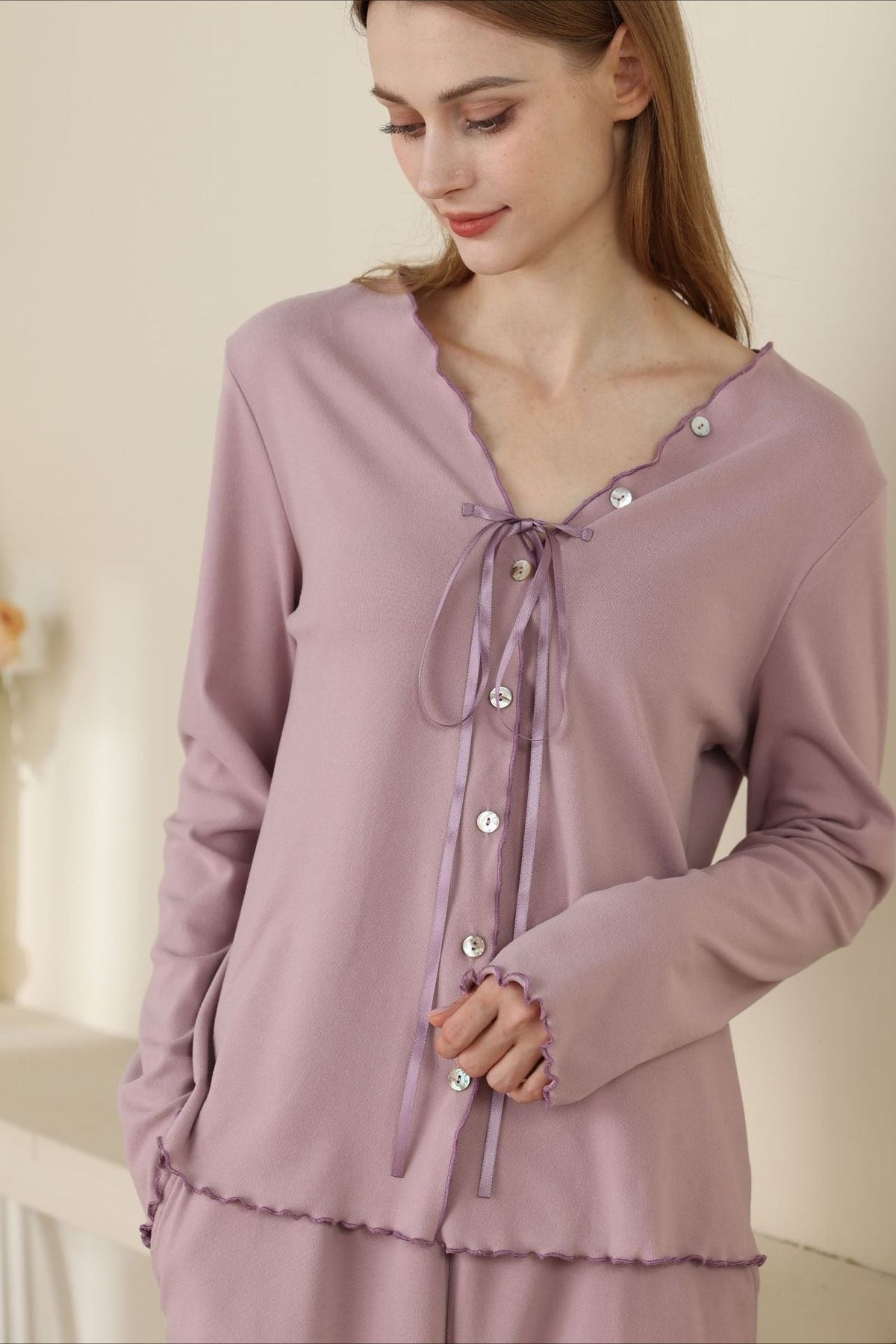 Ribbed Knit V-Neck Lettuce Trim Tie Front Long Sleeve Pajama Set