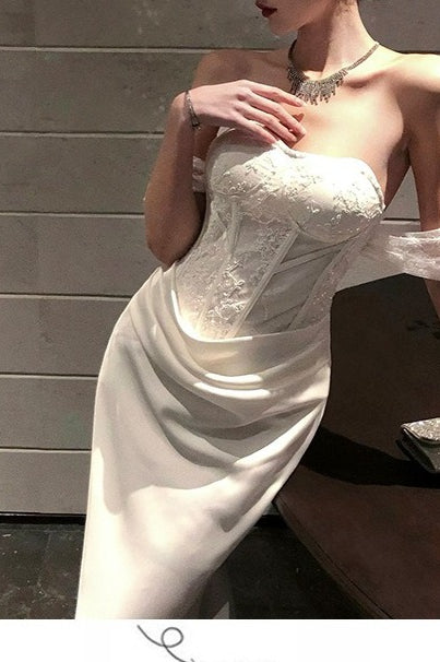 Satin Strapless Lace Bustier Ruched Mermaid Gown
