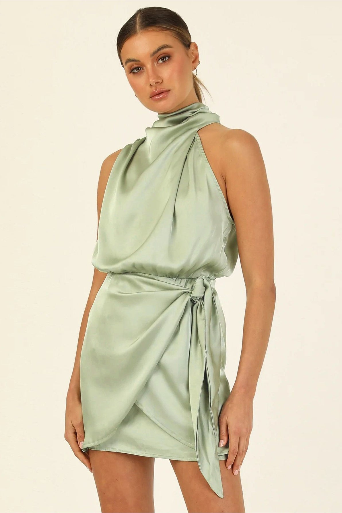 Satin Halter Neck Tie Waist Wrap Bodycon Mini Dress