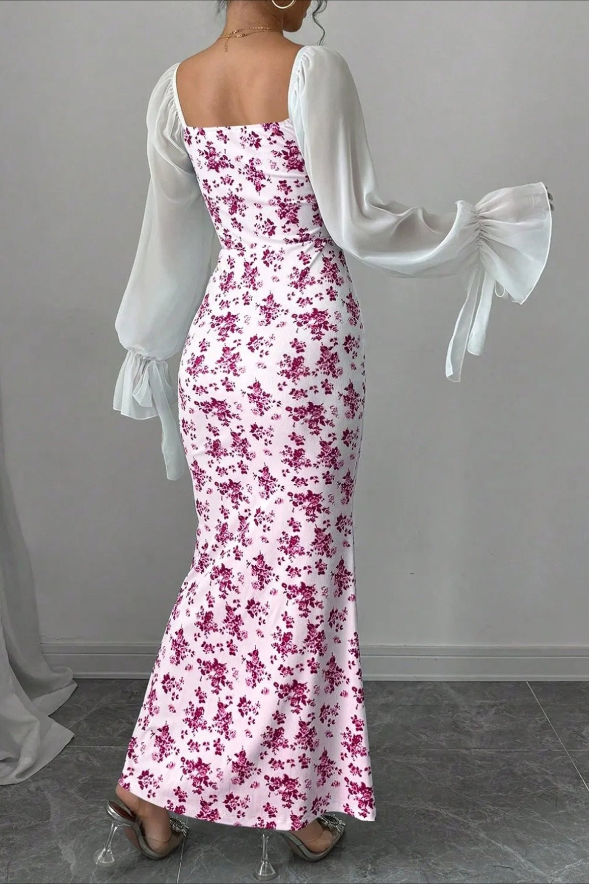 Floral Sweetheart Long Sleeve Ruched Mermaid Maxi Dress