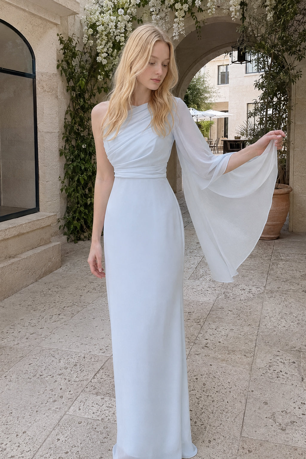 Chiffon One Shoulder Cape Sleeve Ruched Bodice Maxi Gown 8
