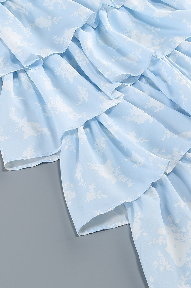 Floral Square Neck Ruffle Strap Tiered Maxi Prom Dress