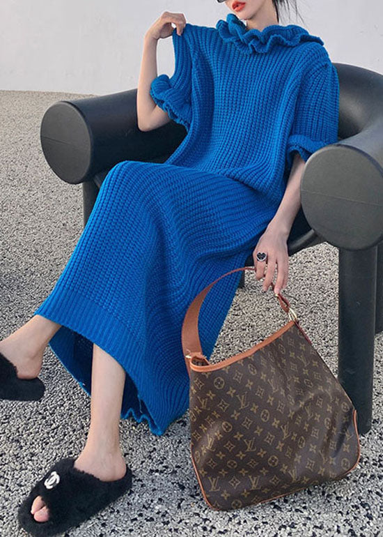Rib Knit Ruffle Mock Neck Puff Sleeve Oversized Shift Maxi Dress
