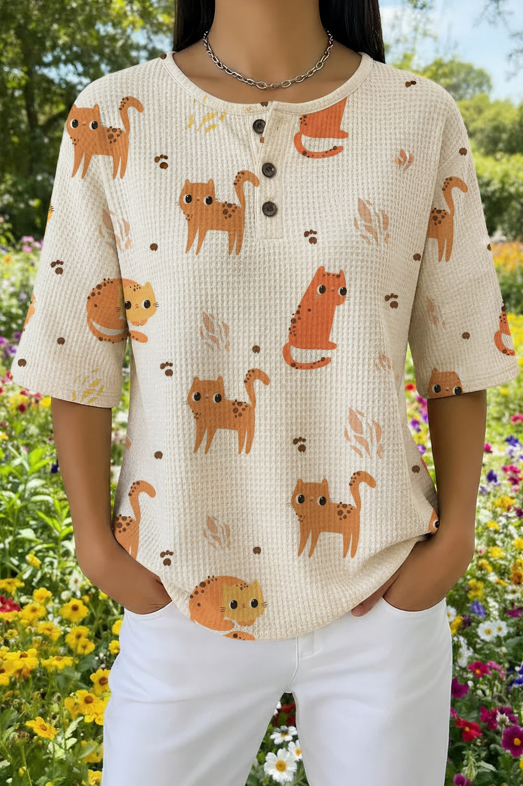 Womens Cream Cartoon Cat Print Casual Shirt