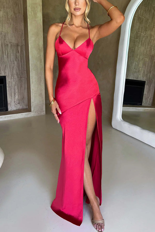 Satin V-Neck Spaghetti Strap High Split Bodycon Maxi Dress 29