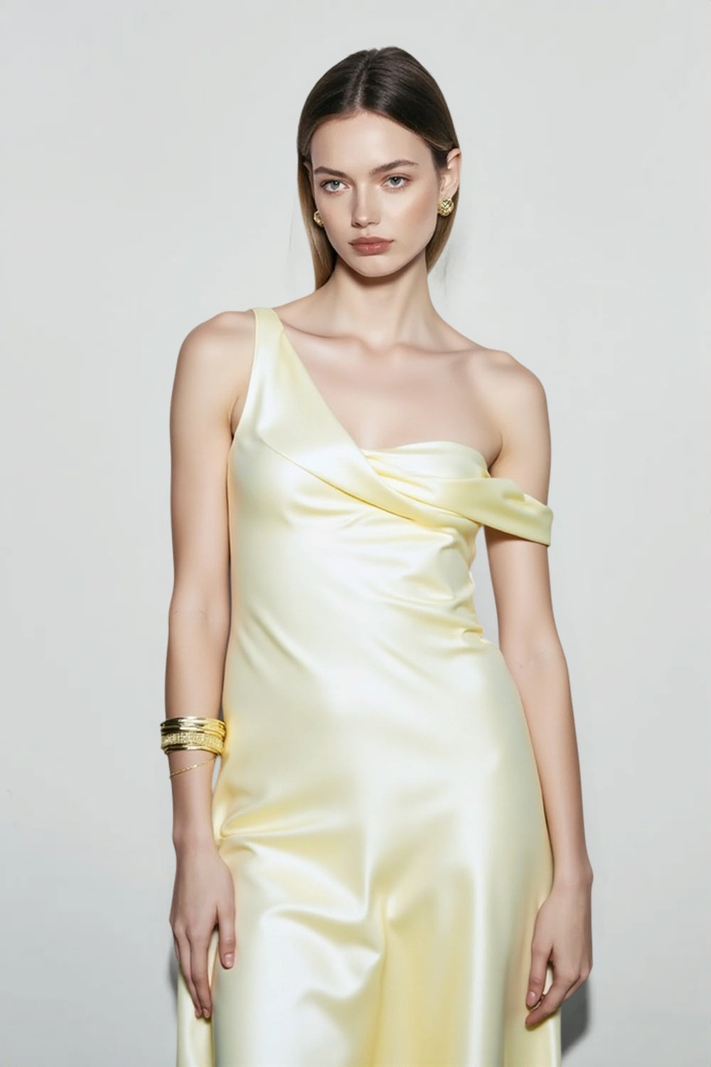 Solid Color Asymmetrical Shoulder Backless Strapless Formal Dress