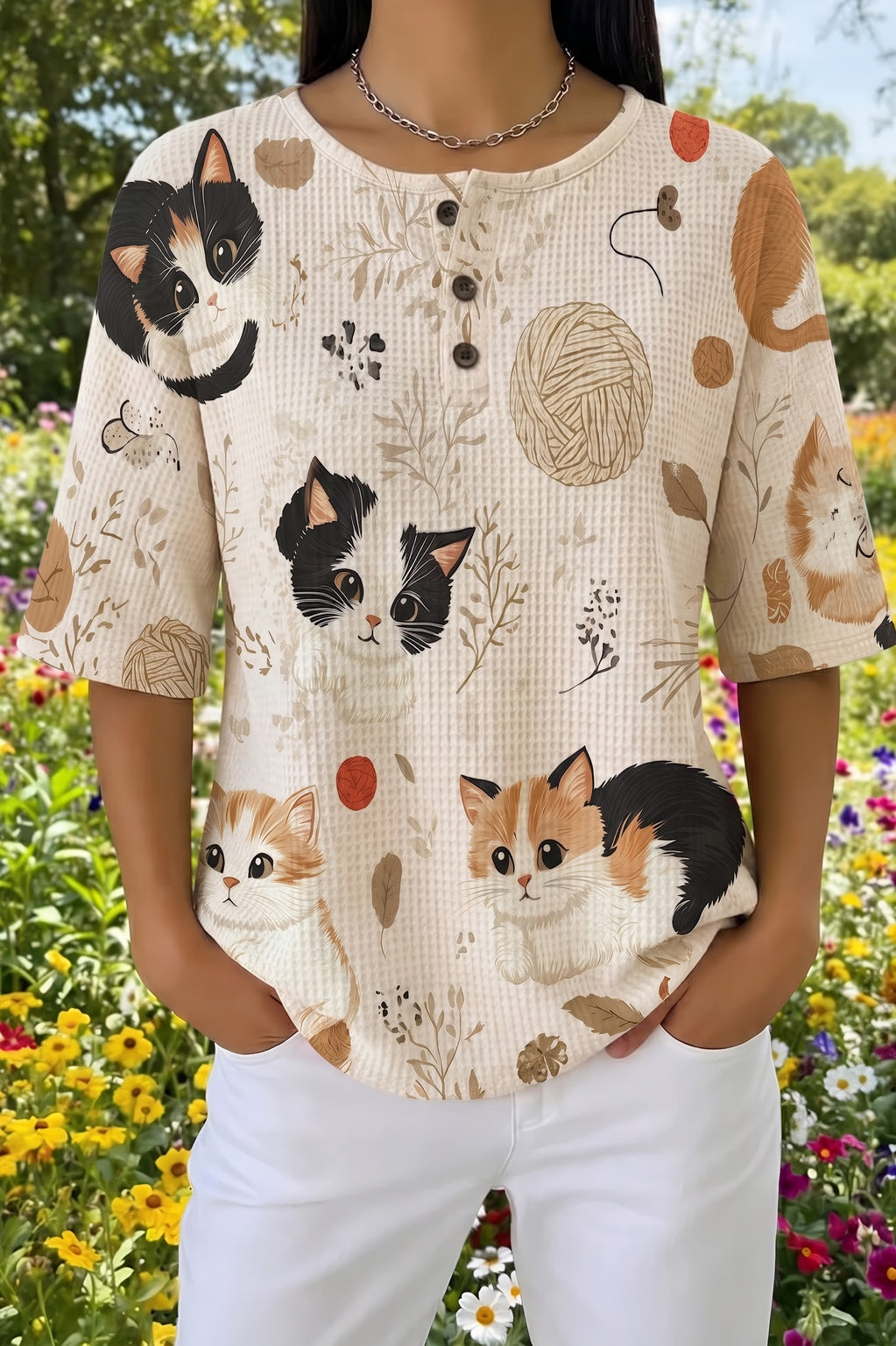 Womens Cream Cartoon Multi-Cat Print Casual Henley Shirt