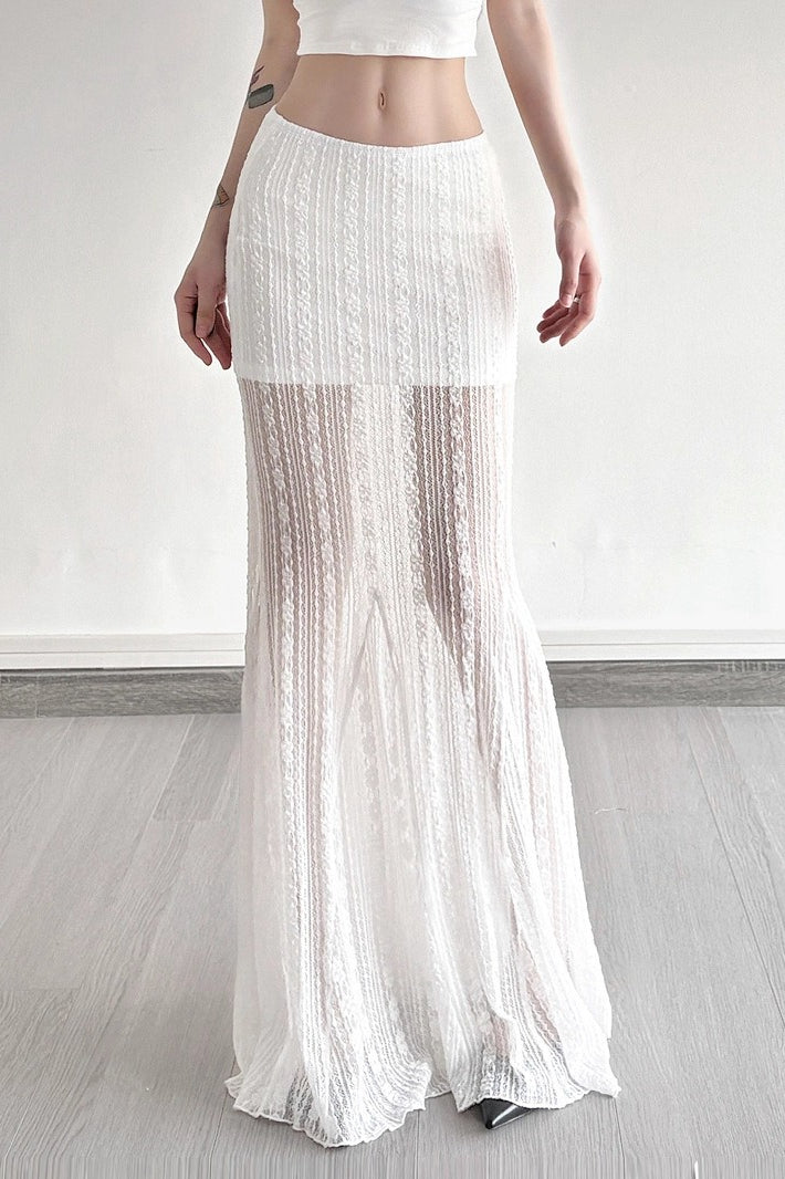 Sheer Lace Ruffle High Split Bow Detail Low Rise Maxi Skirt 3