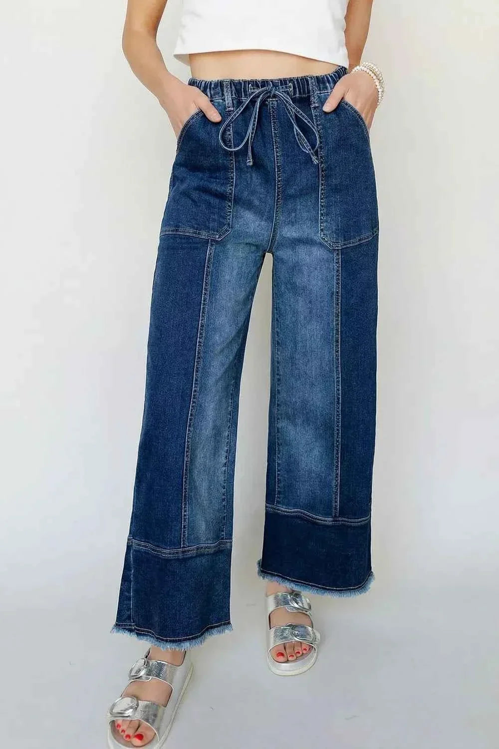 Drawstring Elastic Waist Patchwork Raw Hem Cropped Wide Leg Jeans