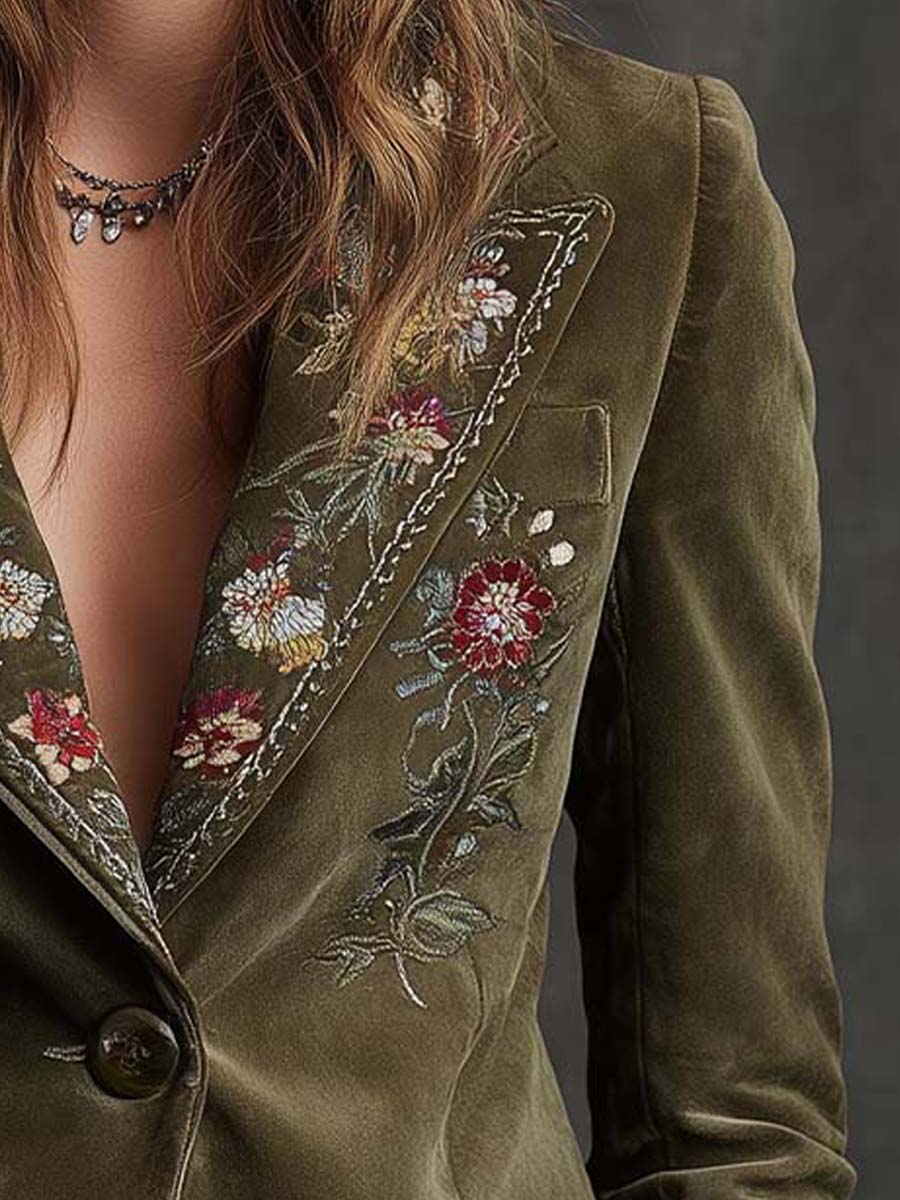 Embroidered Floral Velvet Single Button Blazer