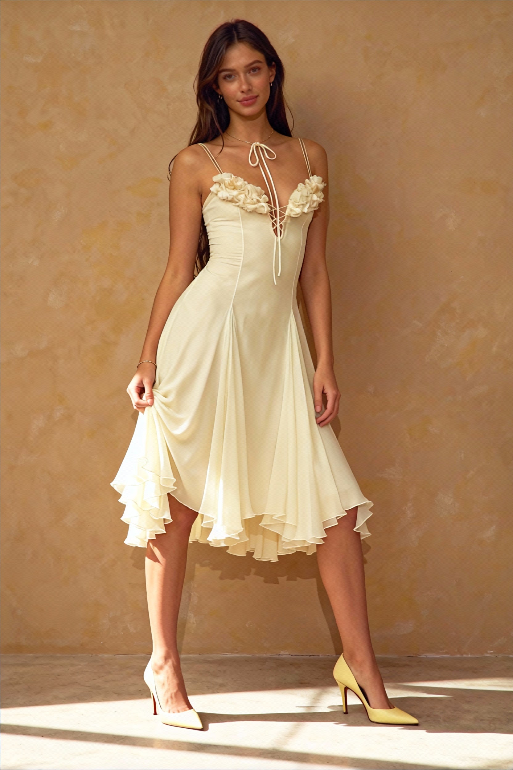Chiffon Spaghetti Strap Deep V-Neck Rosette Fit and Flare Midi Dress