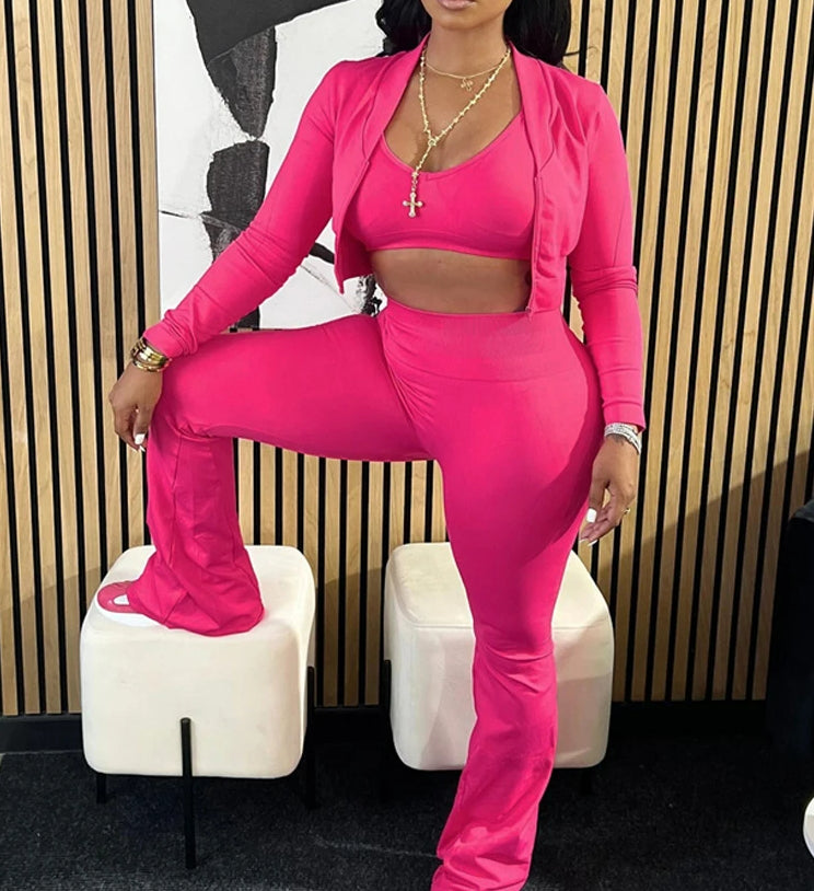 Crop Jacket Flared Two Piece Pants Set