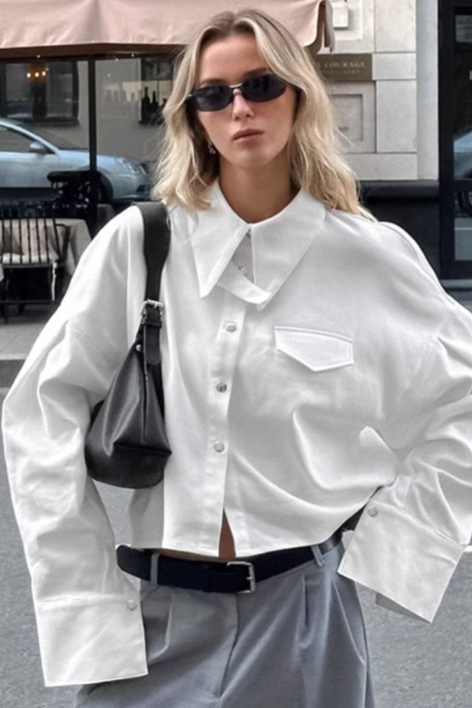 Layered Collar Flap Pocket Wide Cuff Oversized Cropped Shirt 2