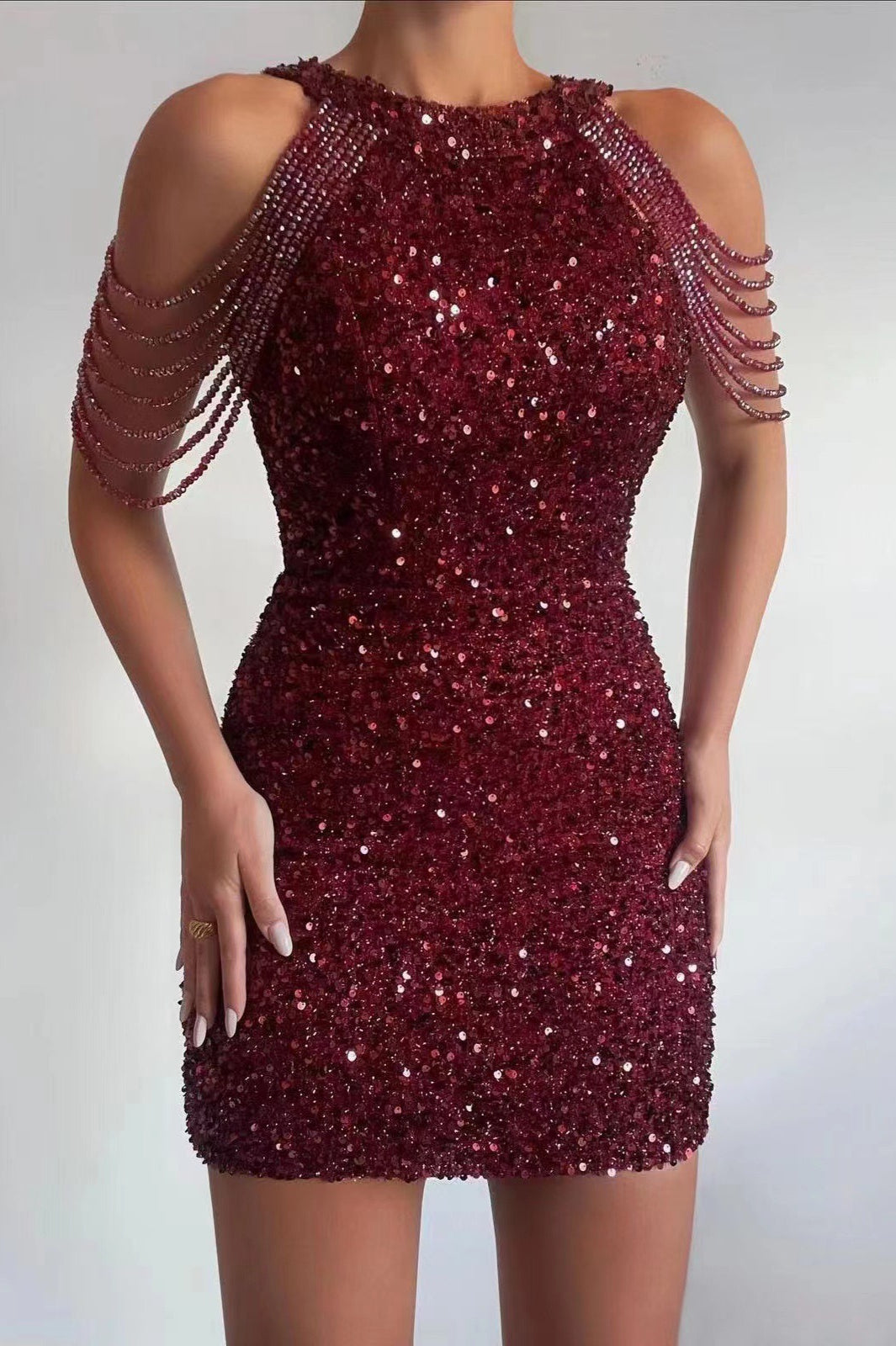 Crystal Fringe Halter Backless Bodycon Mini Cocktail Dress
