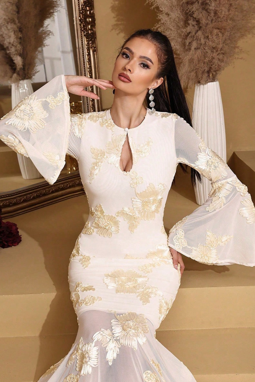 Embroidered Mesh Keyhole Bell Sleeve Mermaid Gown