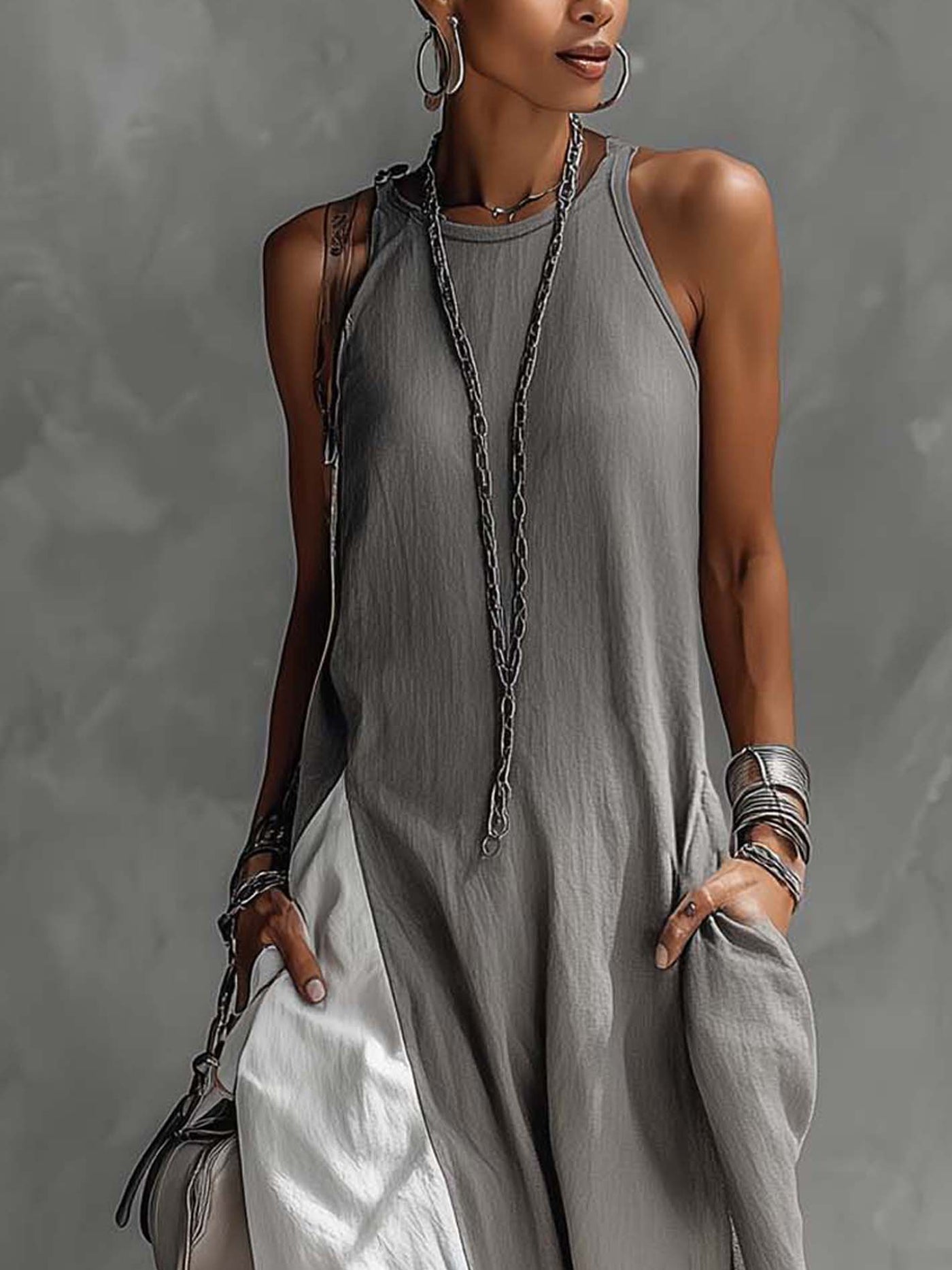 Color Block Sleeveless Linen Look Maxi Dress 3