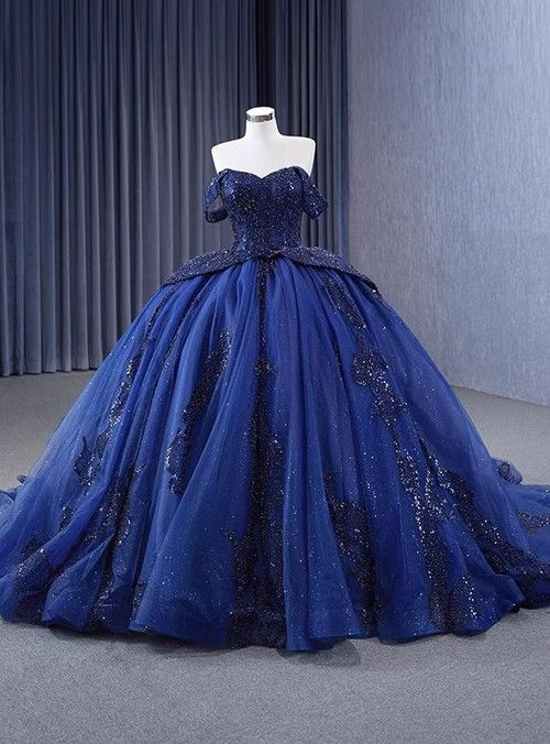 Luxurious Navy Blue Tulle Sequins Beading Prom Dress Sweet 16 Ball Gown cc1698