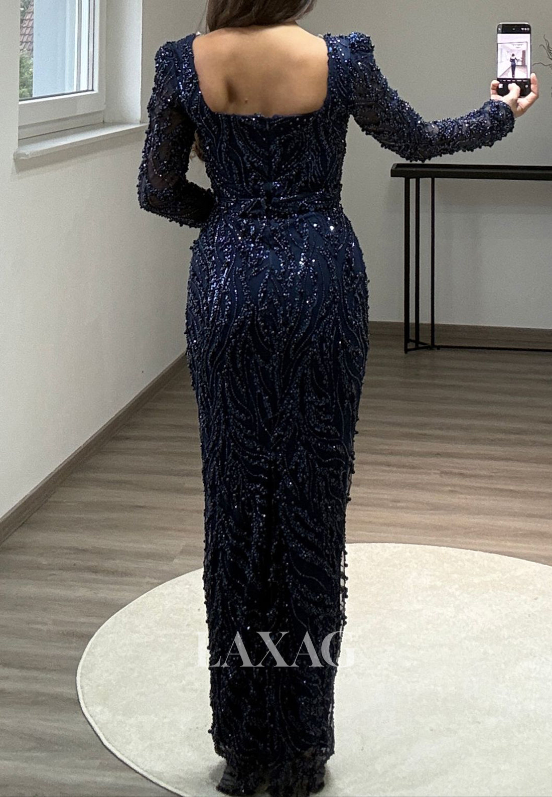 Square-Neck Long Sleeves Pleated Mermaid Prom Dress Beaded Sequined Floor-Length Evening Gowns
