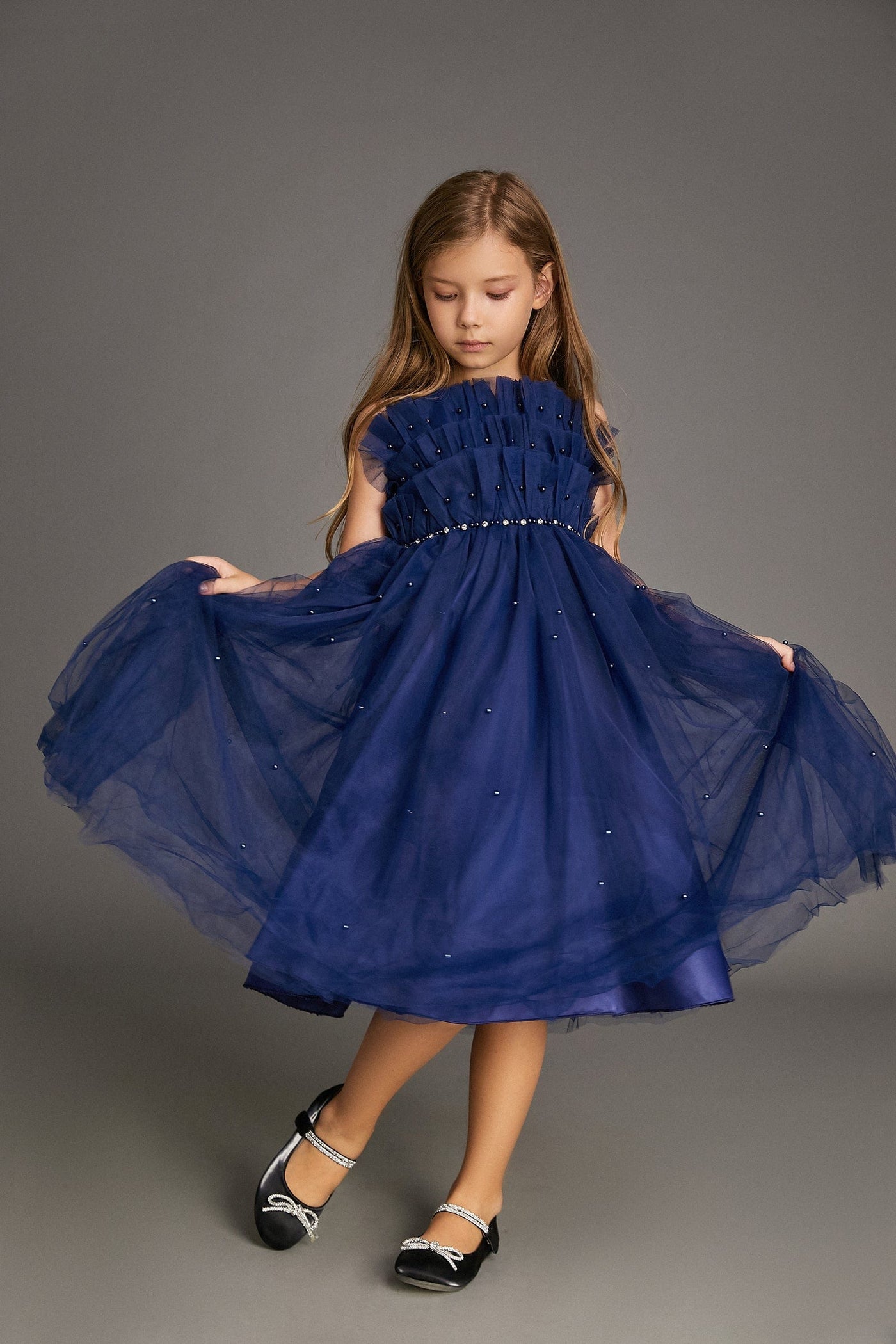 Kids Midnight Blue Strapless Ruffled Maxi Party Dress
