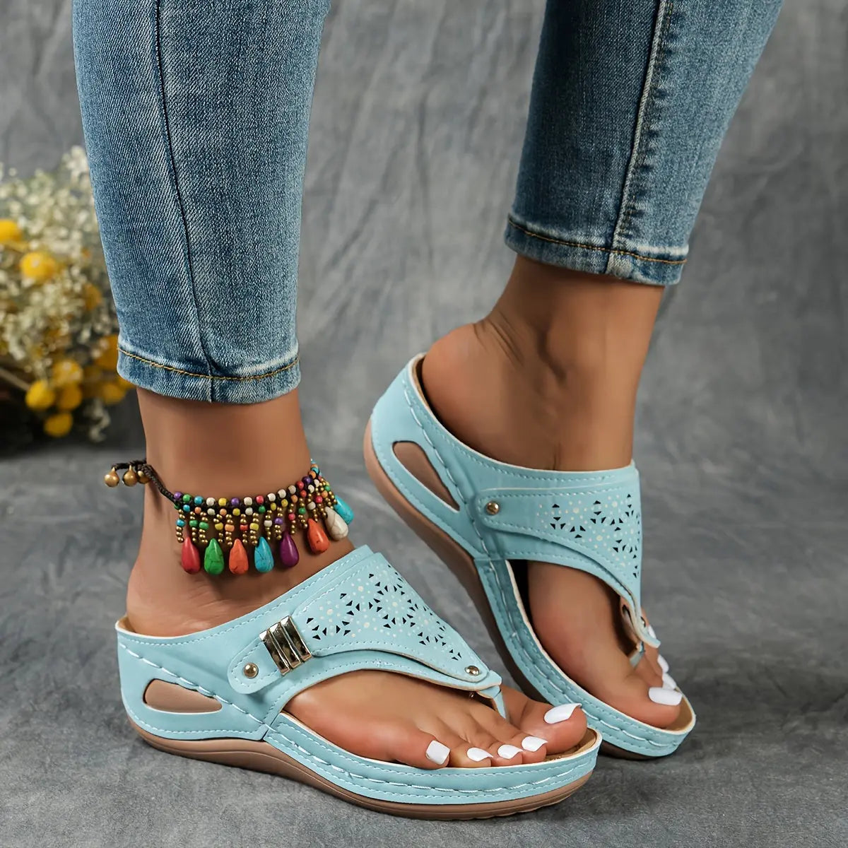 Cut Out Floral Thong Wedge Sandals