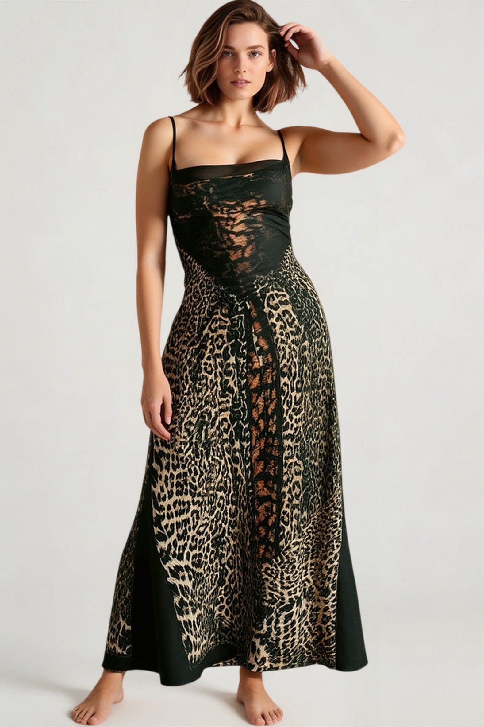 Patchwork Backless Sheer Mesh Midi Dress