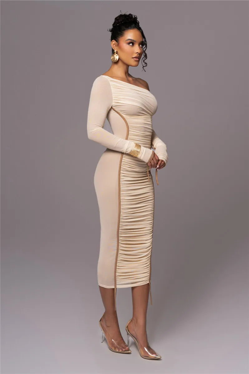 Diagonal Collar Mesh Midi Dress