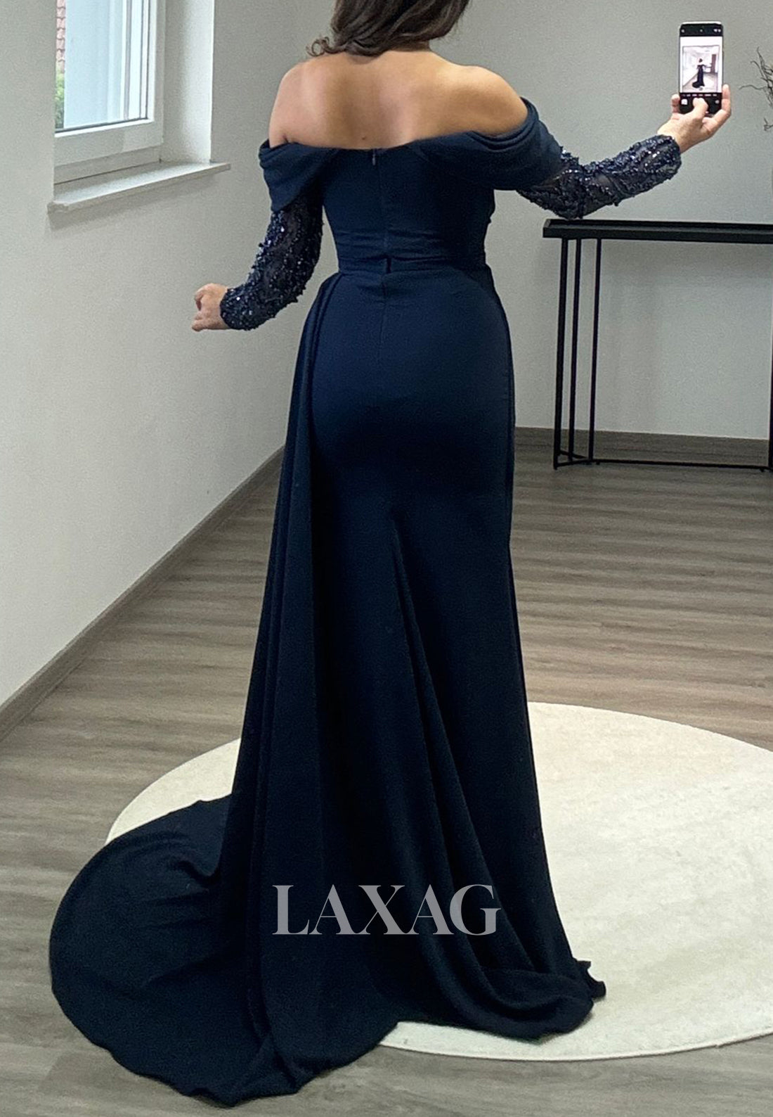 Tube Top Long Sleeves Satin Formal Gowns Off-Shoulder Beaded Pleated Mermaid Prom Dress
