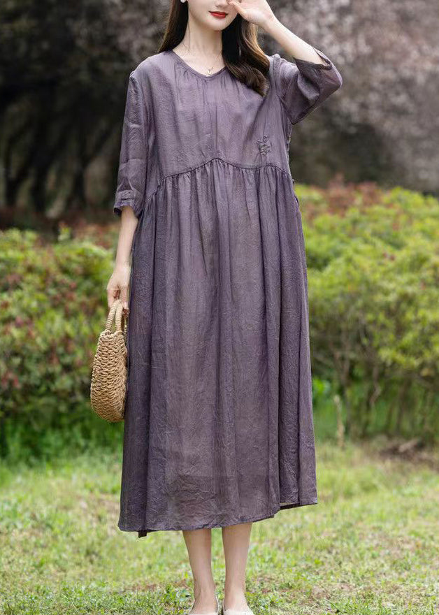 Crinkled Textured Empire Waist Three Quarter Sleeve Embroidered Floral Midi Dress