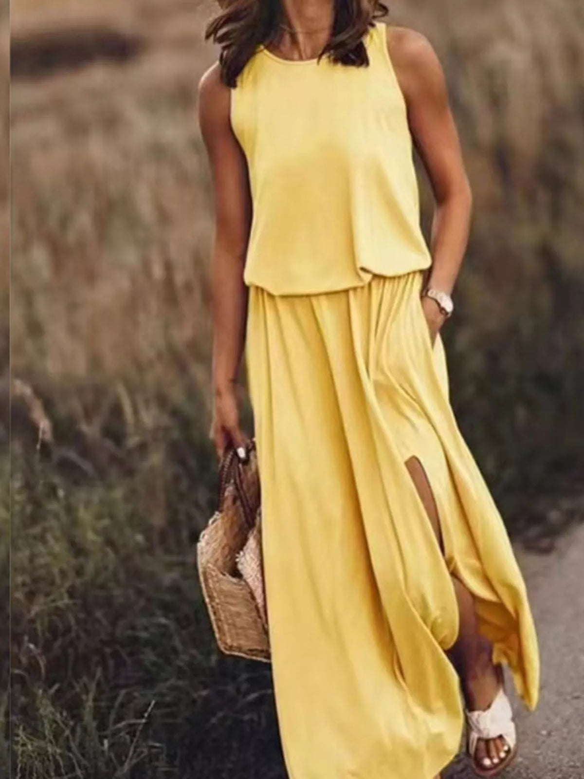 Round Neck Sleeveless Slit Maxi Dress