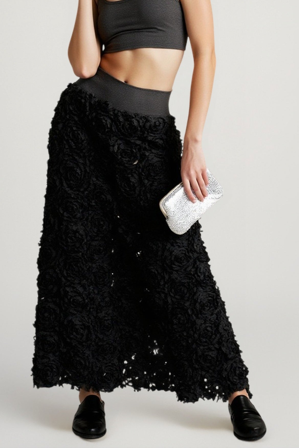 High Waist Rosette Floral Applique Textured Maxi Skirt 7