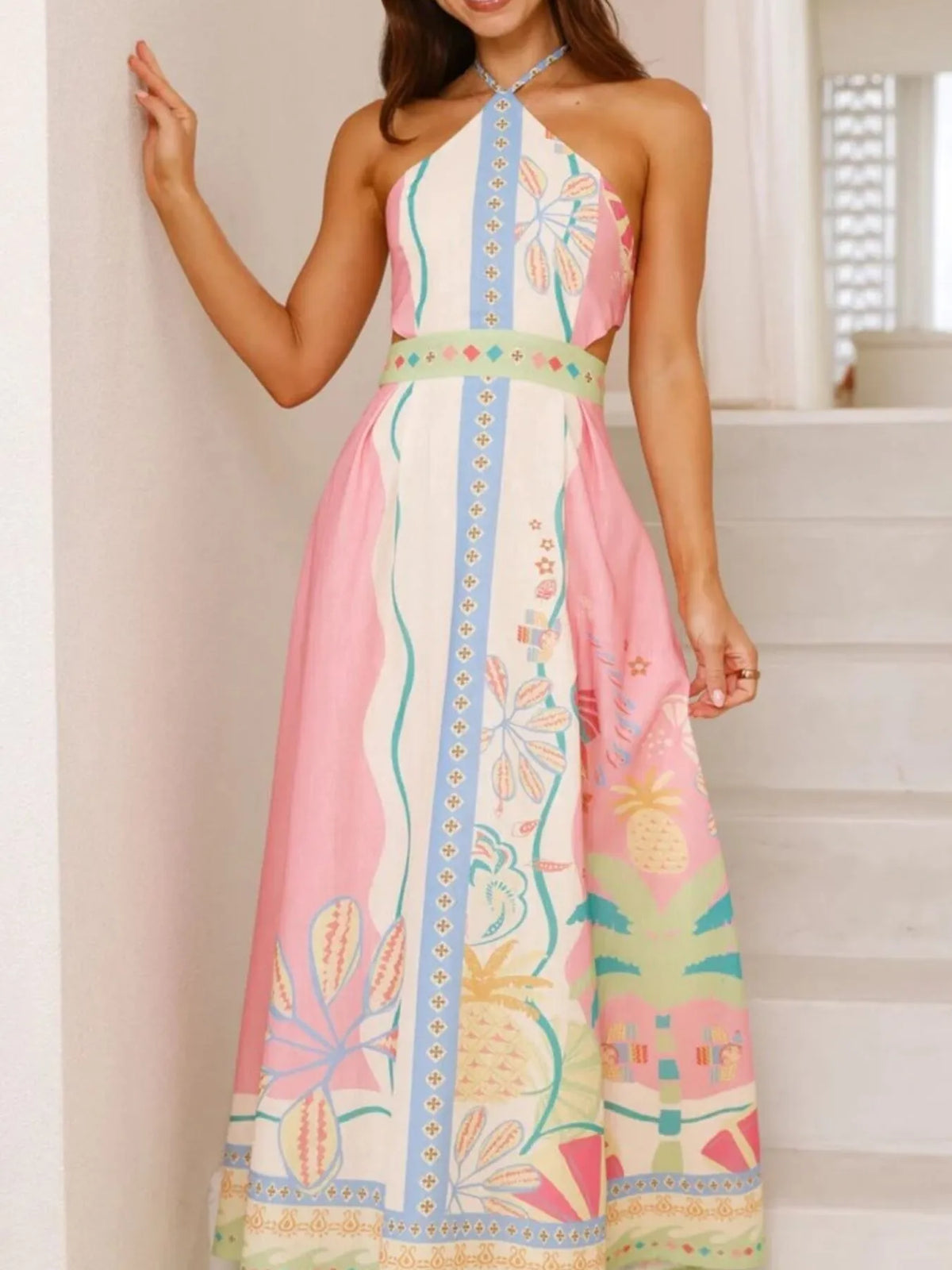 Tropical Print Halter Neck Side Cut Out A-Line Maxi Dress 2