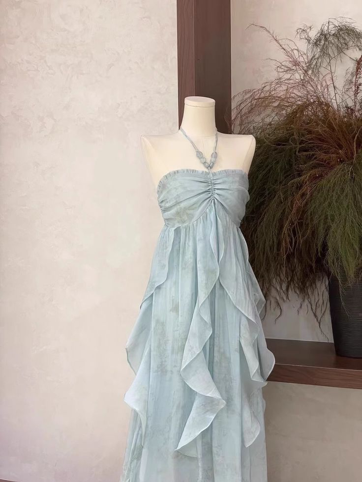 Cute Halter Ruffled Floral Prom Dress Blue Chiffon Long Vacation Dress cc1536