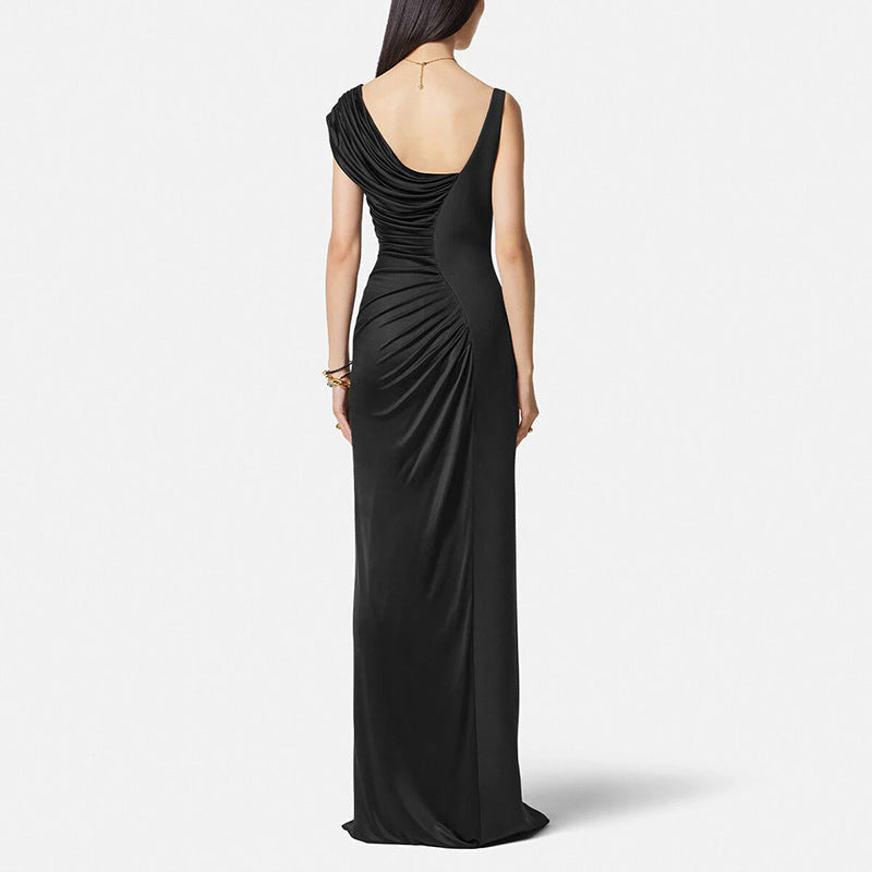 Draped Cowl Neck Asymmetric Ruched High Split Maxi Dress 4
