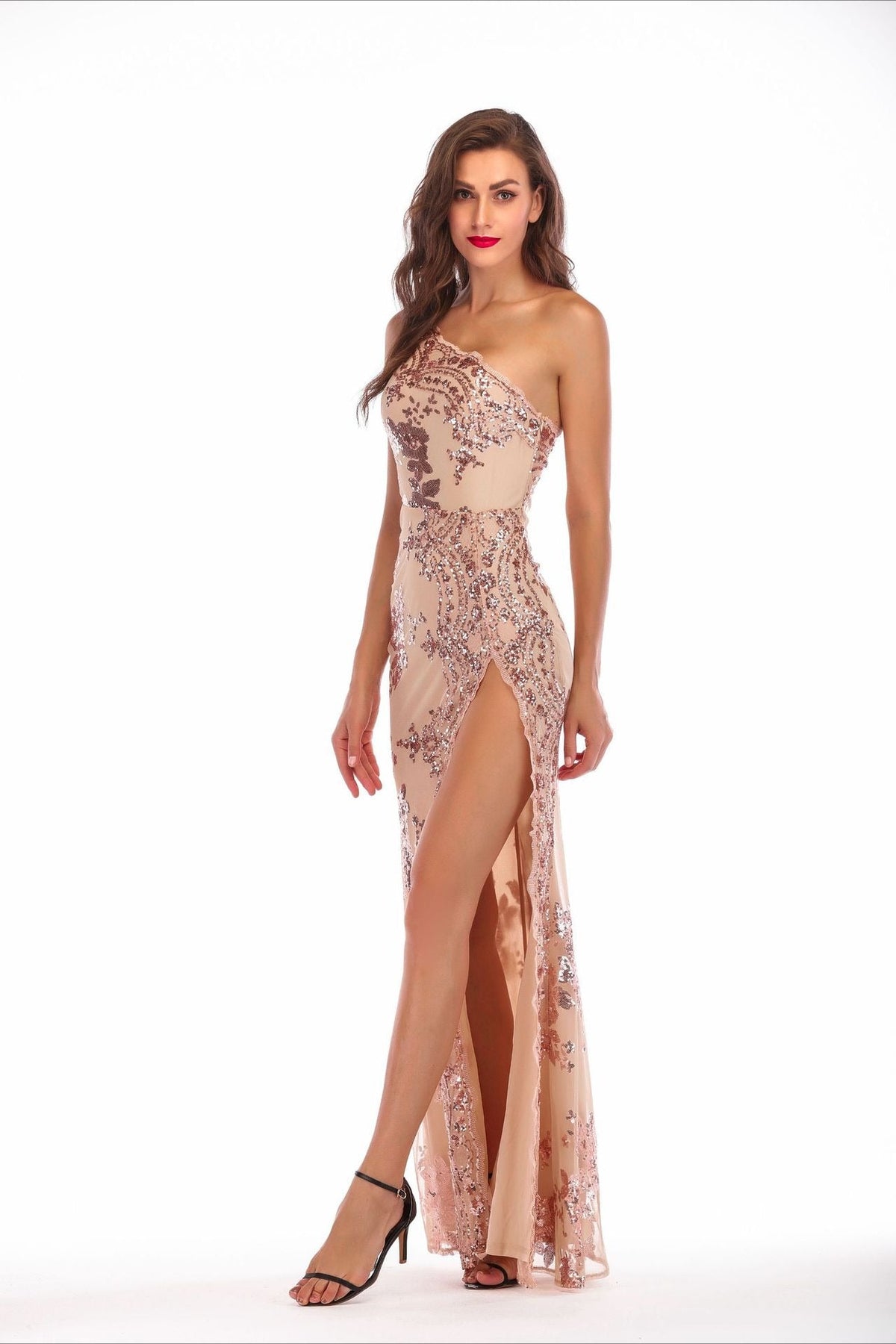 Sequin One Shoulder Sheer Mesh High Split Maxi Gown - View 5