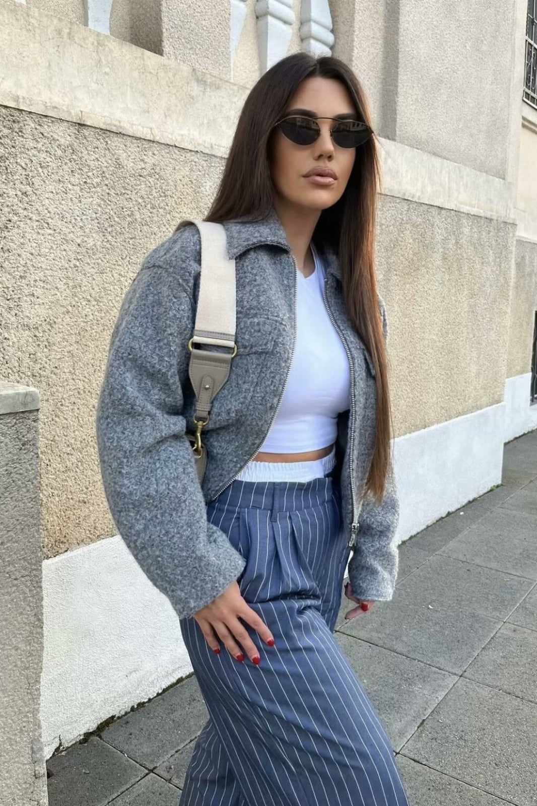 Cropped Boucle Zip Front Jacket