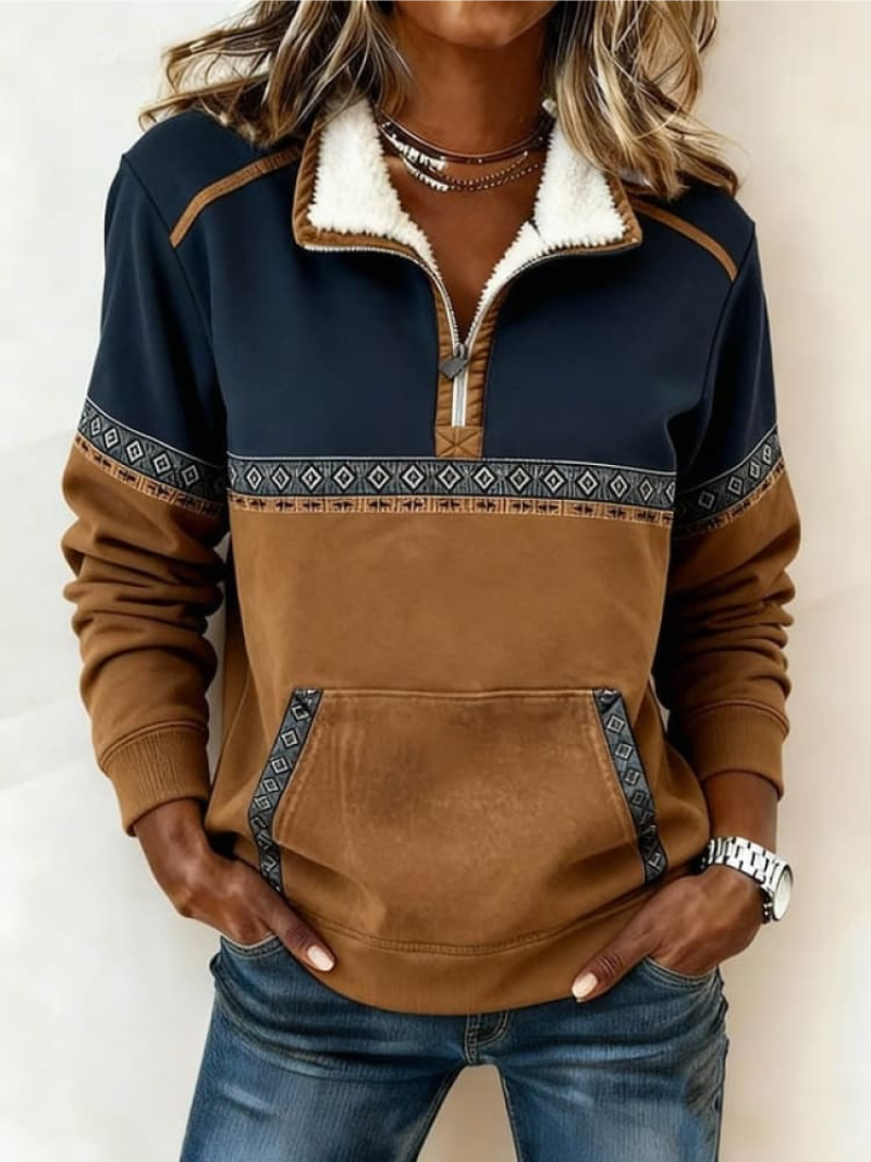 Quarter Zip Sherpa Collar Aztec Colorblock Sweatshirt