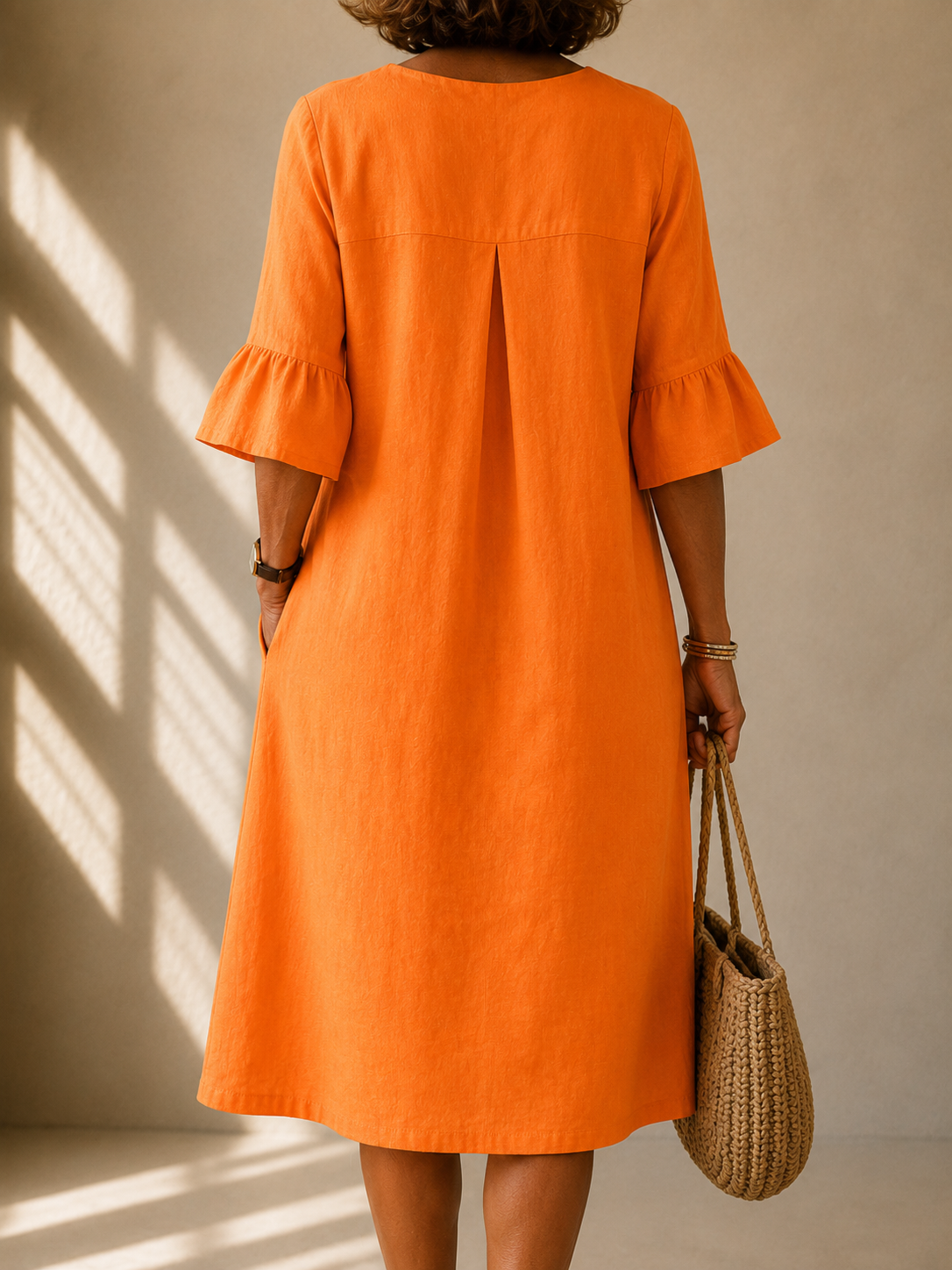 V-Neck Button Front Flutter Sleeve Midi Dress