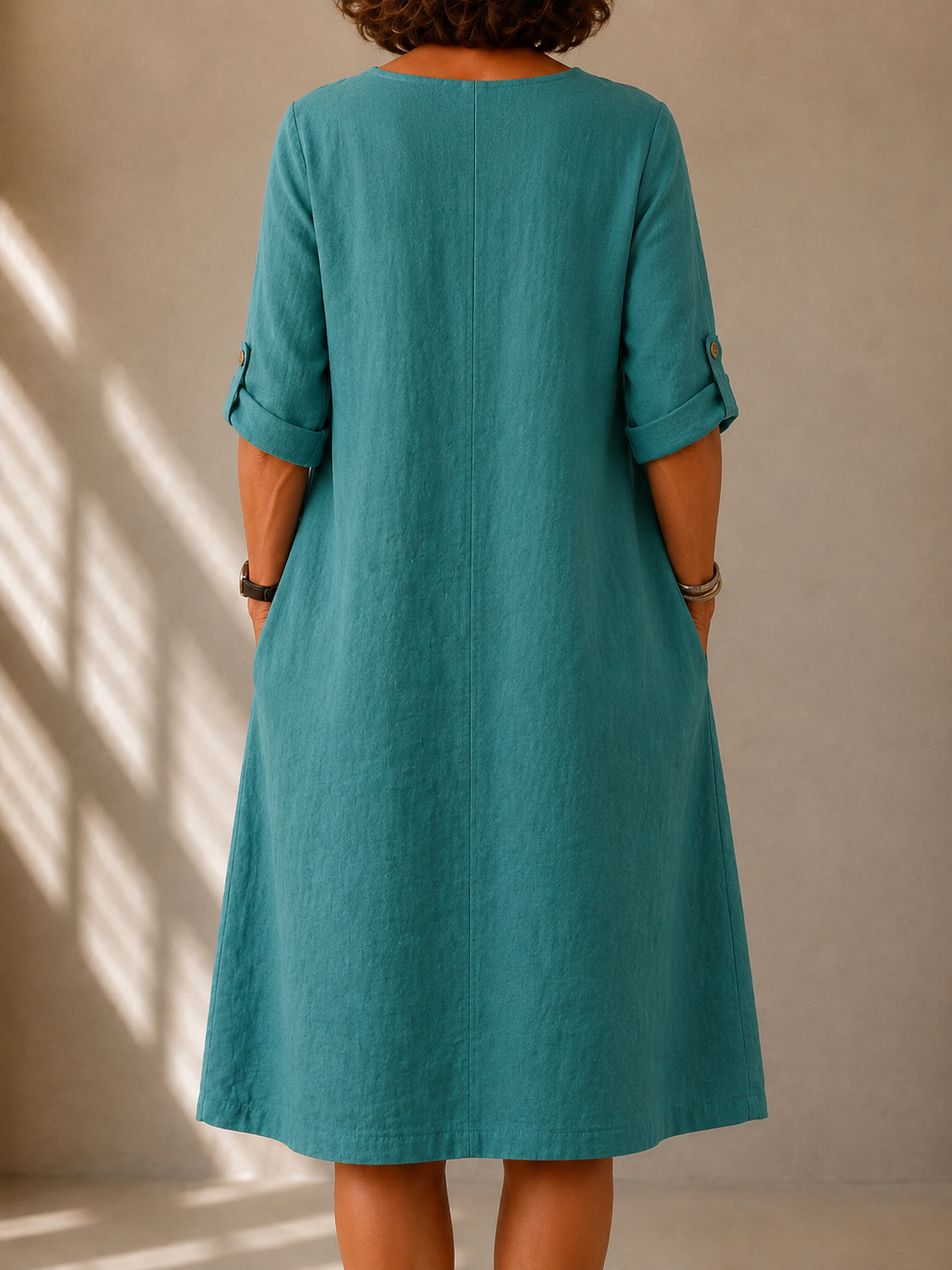 Notch Neck Long Sleeve Linen Look Midi Dress with Pockets