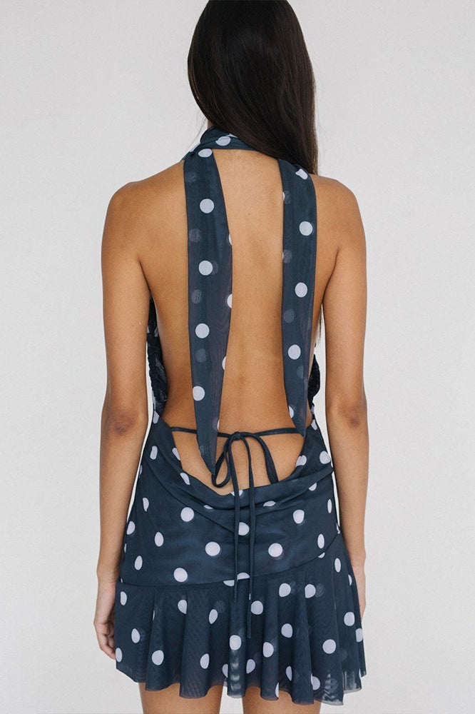 Polka Dot Mesh Deep V Mini Dress