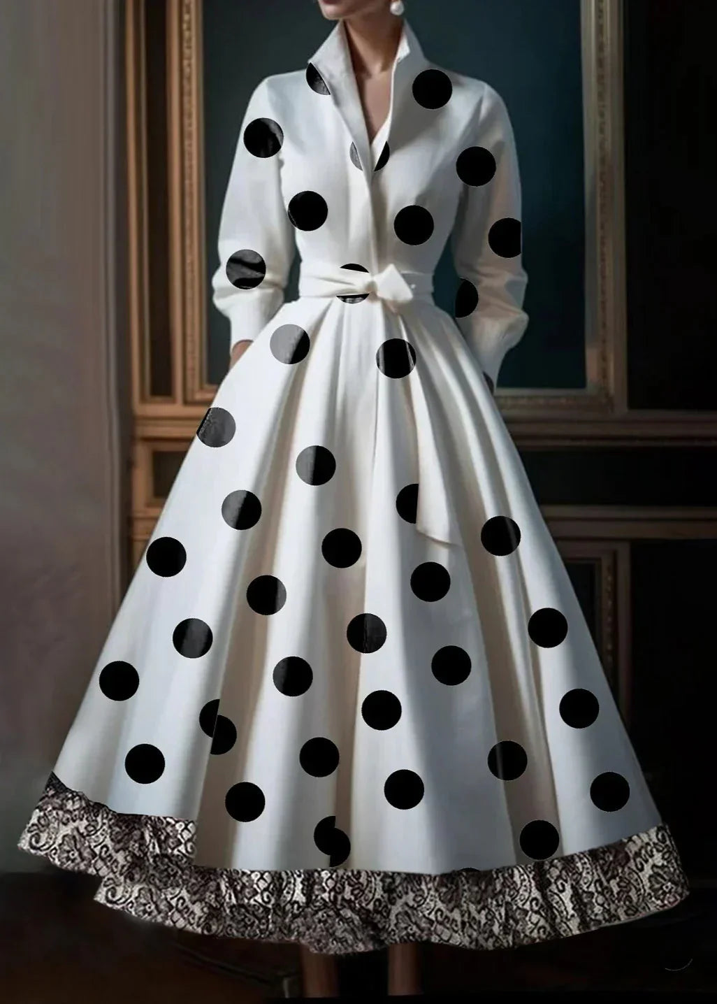 Polka Dot Lace Patchwork Belt Pocket Midi Dress