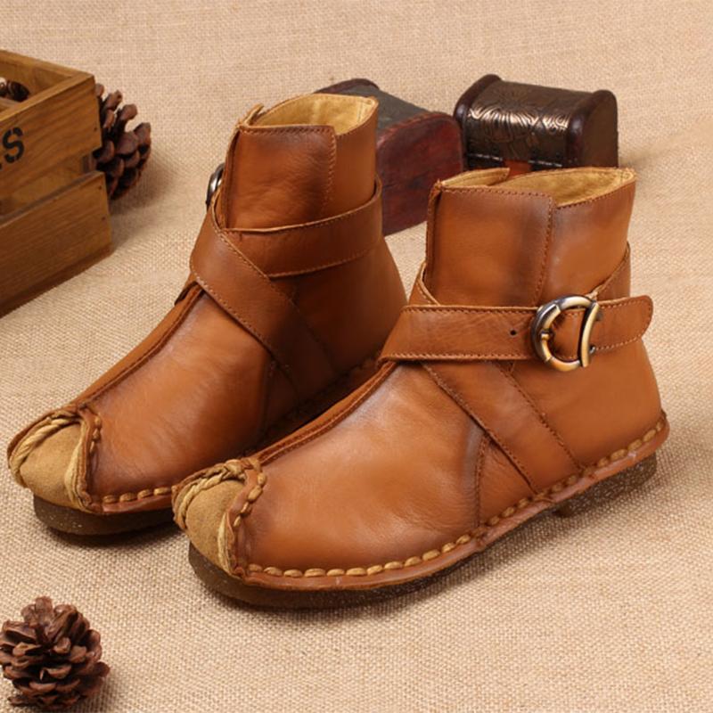 National Style Leather Short Boots For Women Buckle Decoration Green/Black/Brown