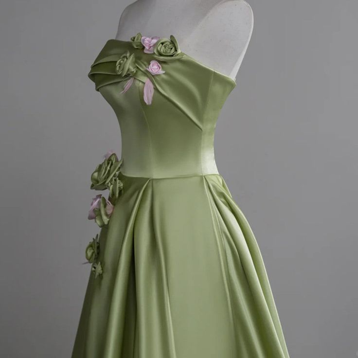 Elegant Green Satin Party Dress With Flowers, Green Long Prom Dress cc1442