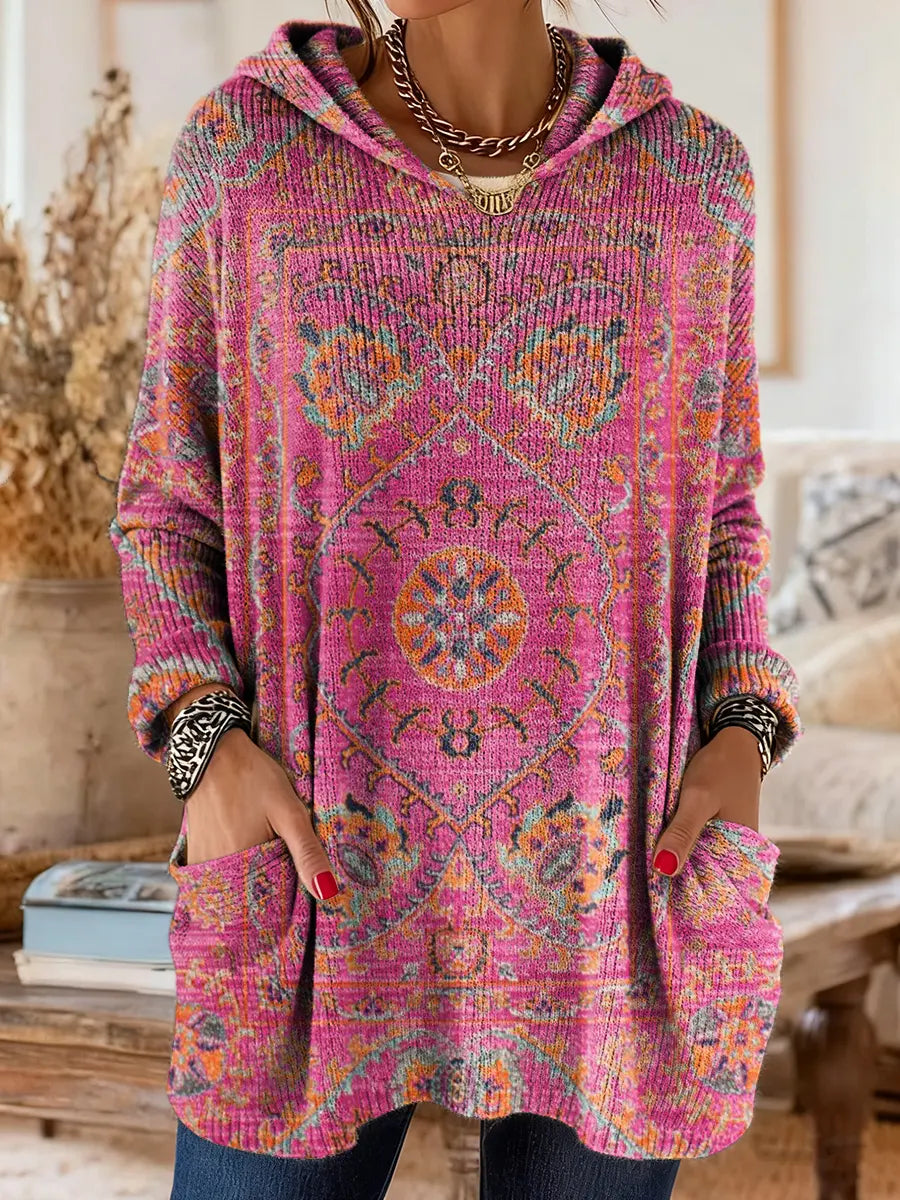 Medallion Print Hooded Oversized Tunic Sweater