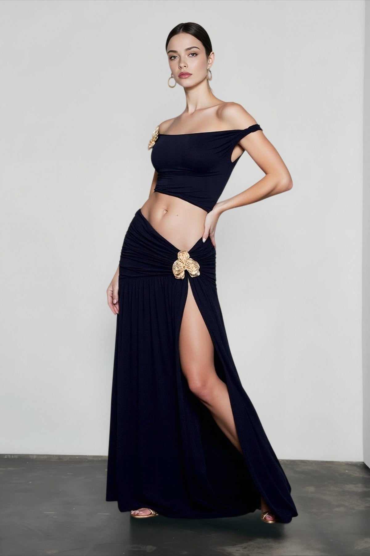 Off Shoulder Crop Top and Ruched High Split Maxi Skirt Two Piece Set 4