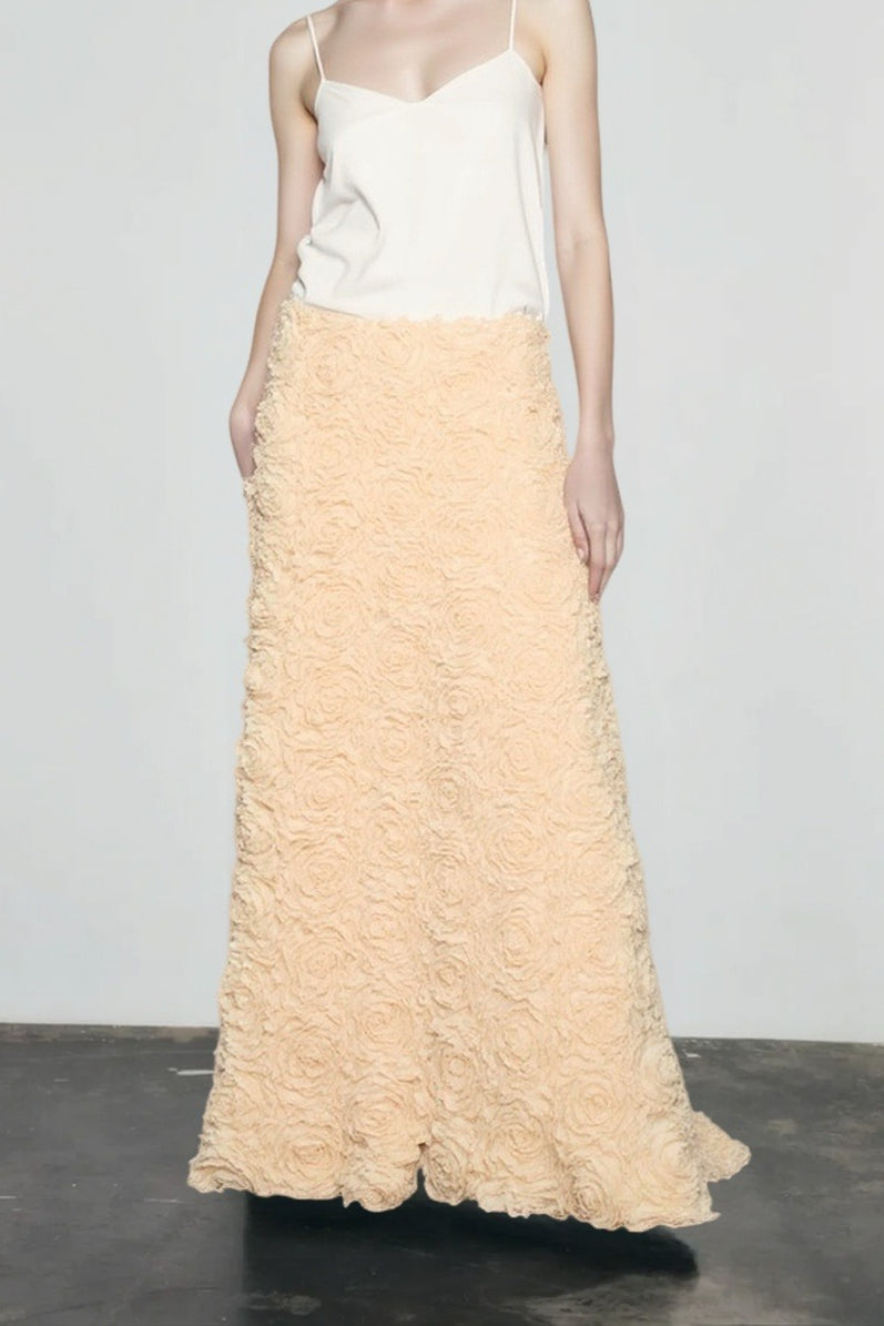 High Waist Rosette Floral Applique Textured Maxi Skirt 4