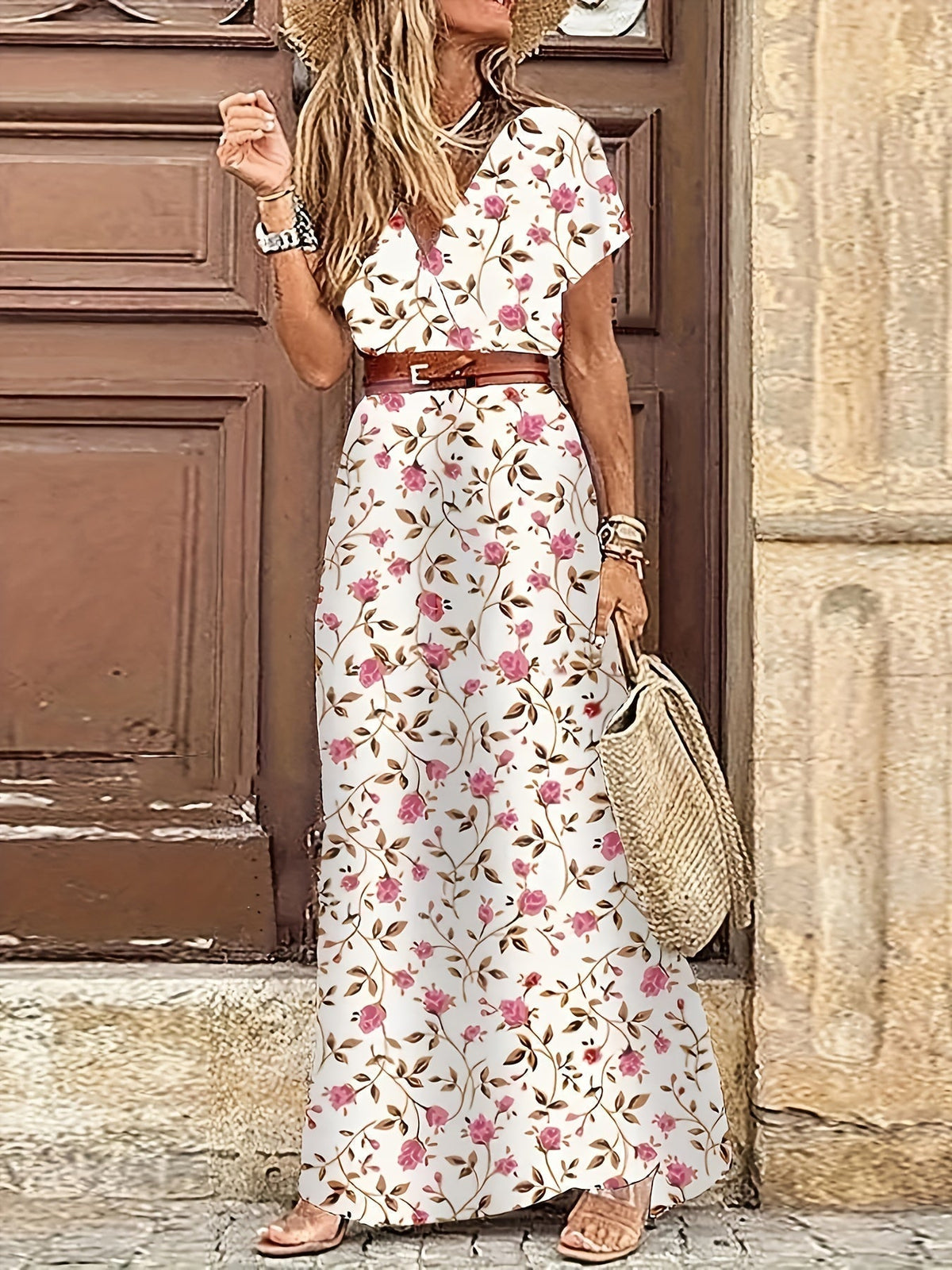 Paisley V-Neck Short Sleeve Belted Maxi Dress 9