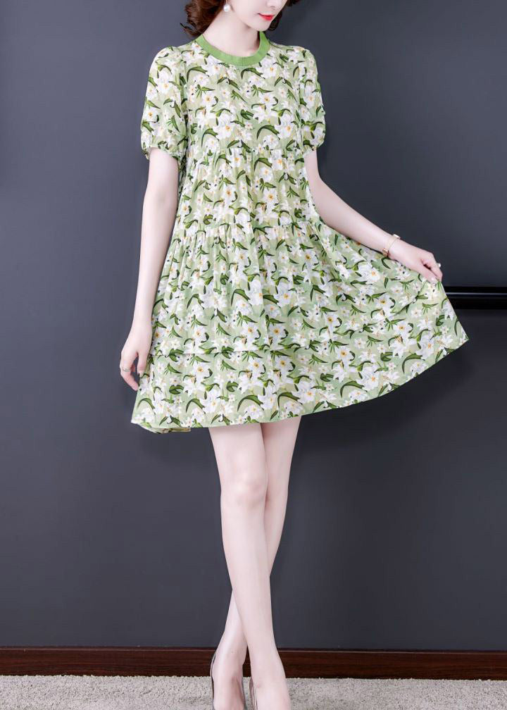 Floral Print Tiered Puff Sleeve Round Neck Mini Dress
