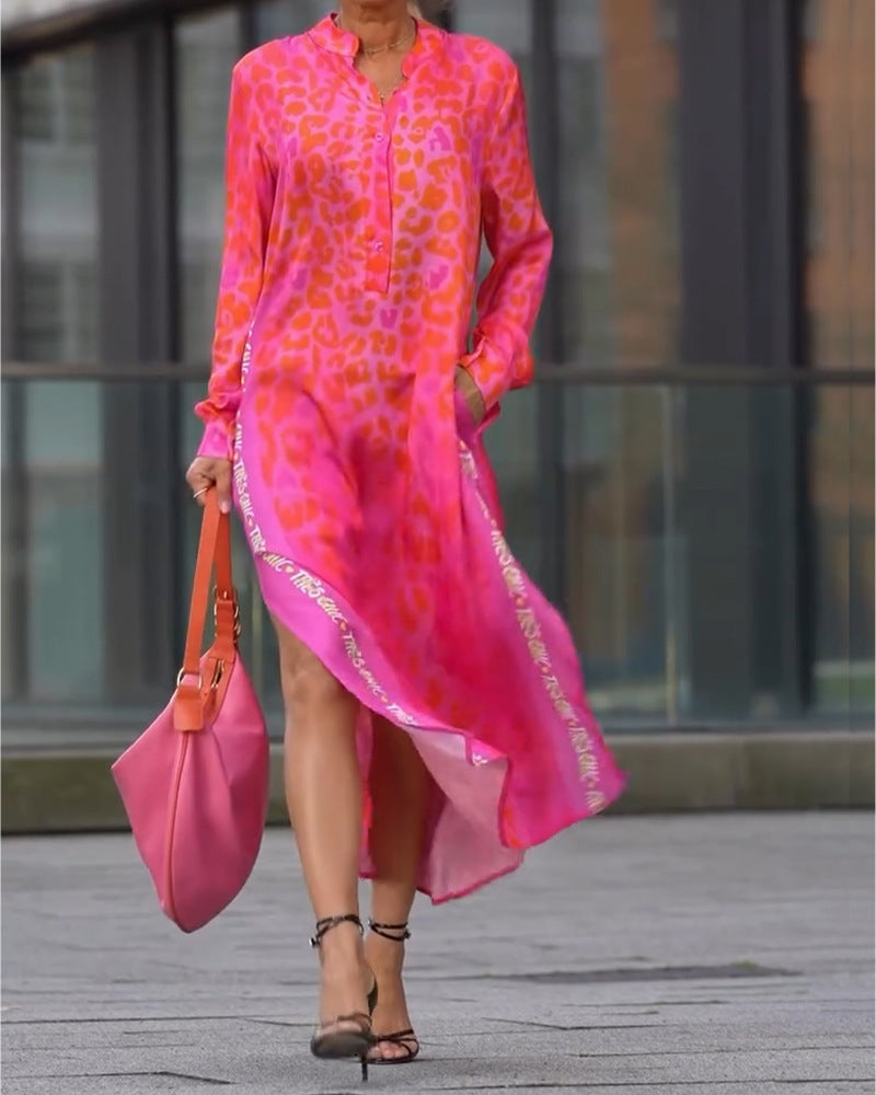 Leopard Print Long Sleeve Button Front High Low Maxi Dress 6
