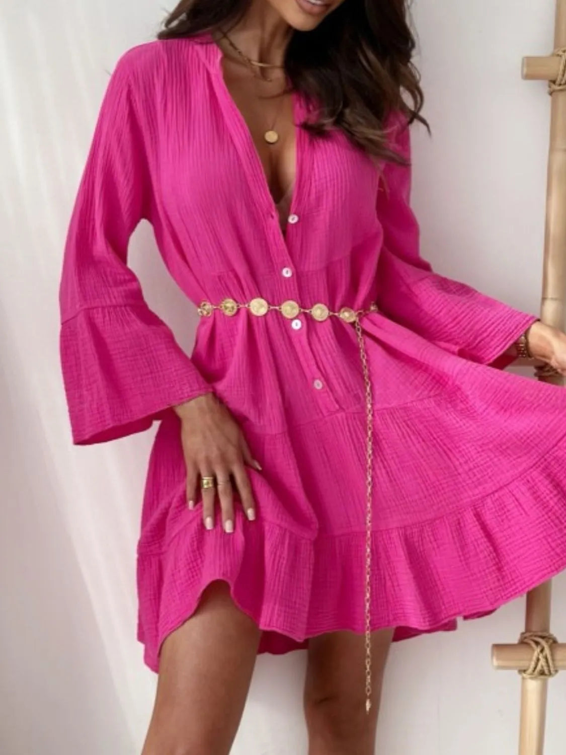 V-Neck Long Sleeve Button Front Tiered Ruffle Mini Beach Dress - View 3
