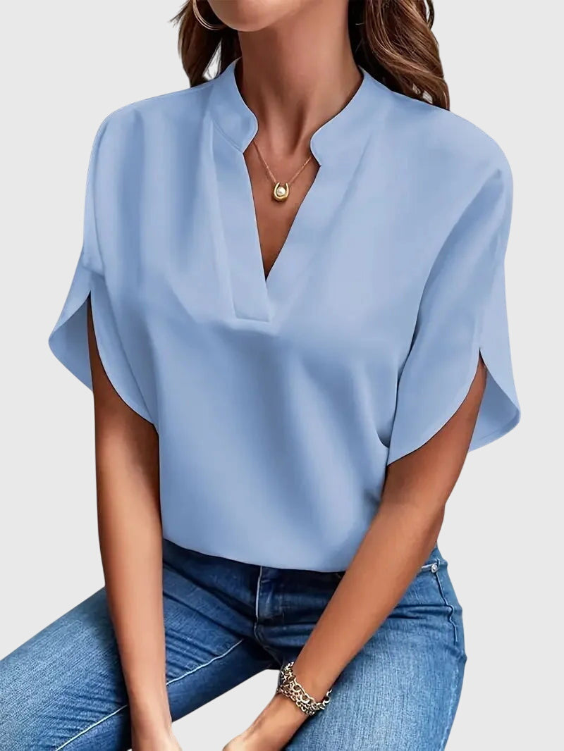 Split Neck Short Dolman Sleeve Satin Blouse